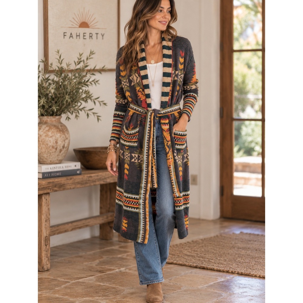 Faherty In Valley Poloma Long Cardigan Southwestern Duster Belted Multi Size M